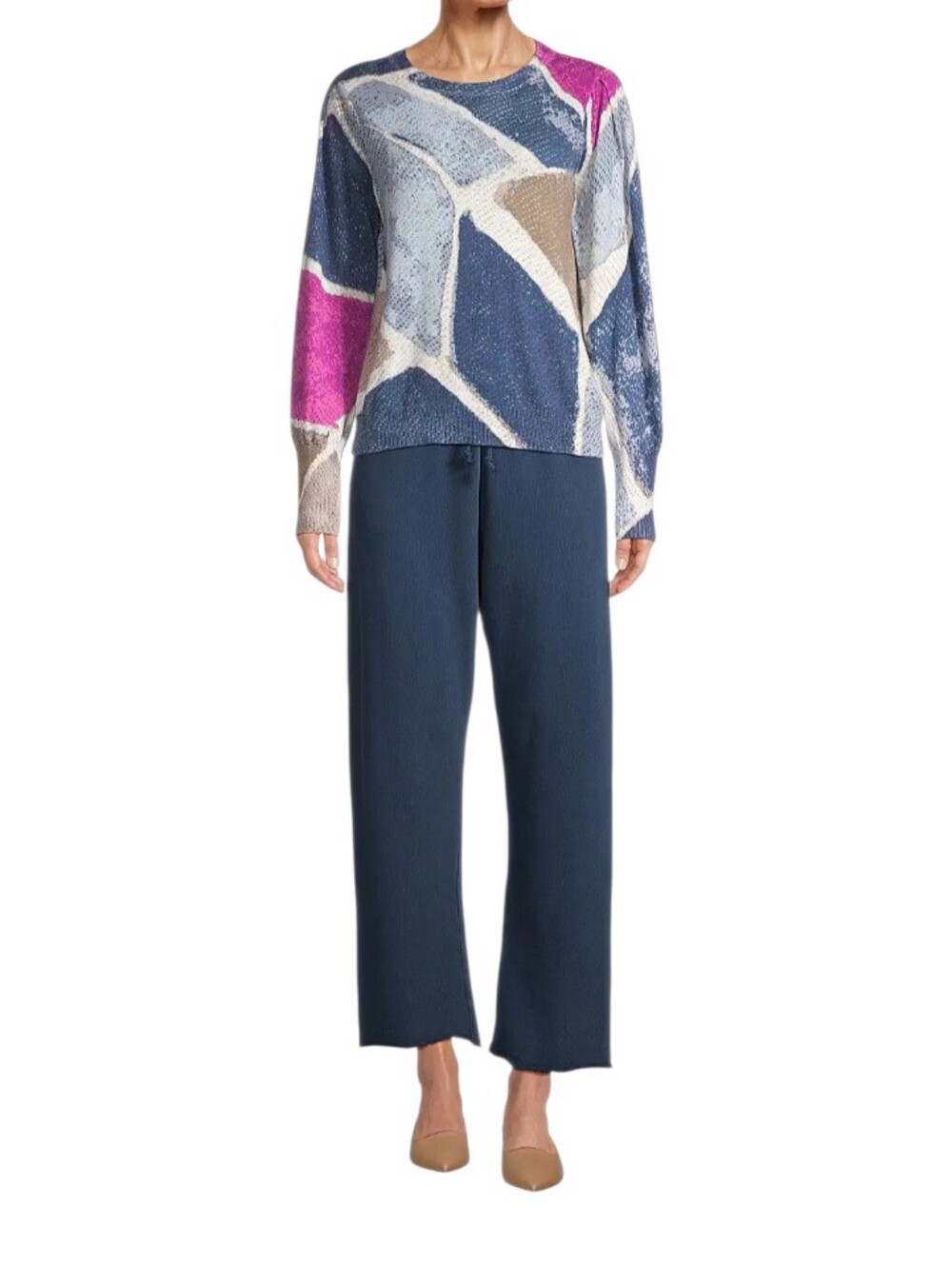 Nic+Zoe Printed Tile Femme Sleeve Crewneck Sweater Size Large